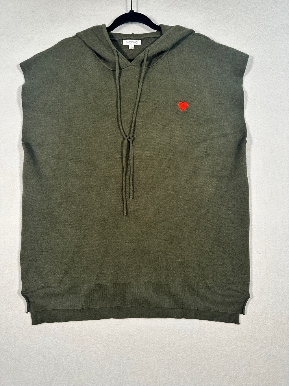 Braciano Olive Green Sleeveless Hooded Sweater with Red Heart